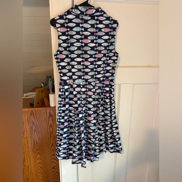 Unique Vintage Navy & Rainbow Fish Print Flare Dress, size large - Picture 2 of 6